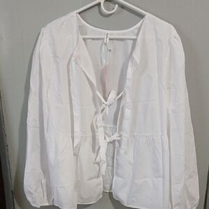 Women's White Tie-Front Peasant Blouse - Unbranded